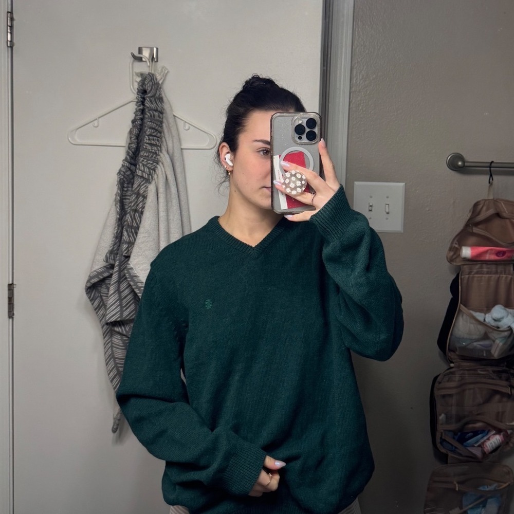 IZOD Mens V-Neck Sweater Forest Green Cotton Blend Knit XL